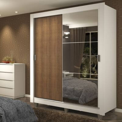 Guarda-Roupa Solteiro Madesa Dallas Plus 2 Portas de Correr com Espelho 4 Gavetas com Pés Branco/Rustic