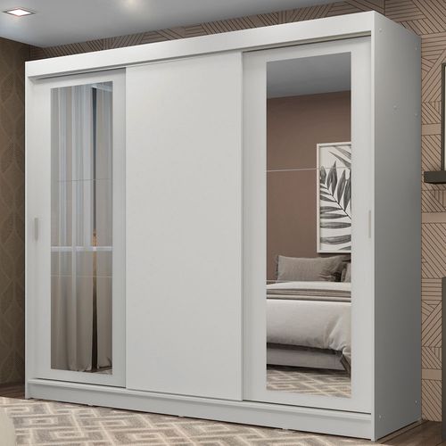 Guarda-Roupa Casal Madesa Kansas 3 Portas de Correr com Espelhos 3 Gavetas Branco