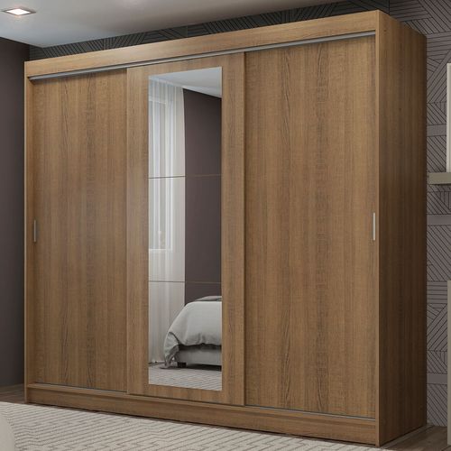 Guarda-Roupa Casal Madesa Kansas 3 Portas de Correr com Espelho 3 Gavetas Rustic