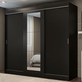 Guarda-Roupa Casal Madesa Kansas 3 Portas de Correr com Espelho 3 Gavetas Preto
