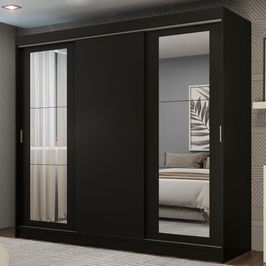 Guarda-Roupa Casal Madesa Kansas 3 Portas de Correr com Espelhos 3 Gavetas Preto