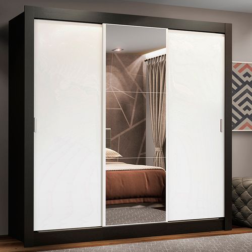 Guarda-Roupa Casal Madesa Lyon Plus 3 Portas de Correr com Espelho 4 Gavetas Preto/Branco