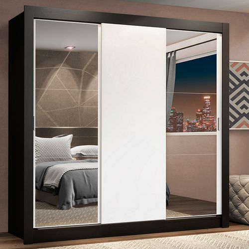 Guarda-Roupa Casal Madesa Lyon Plus 3 Portas de Correr com Espelhos 4 Gavetas Preto/Branco