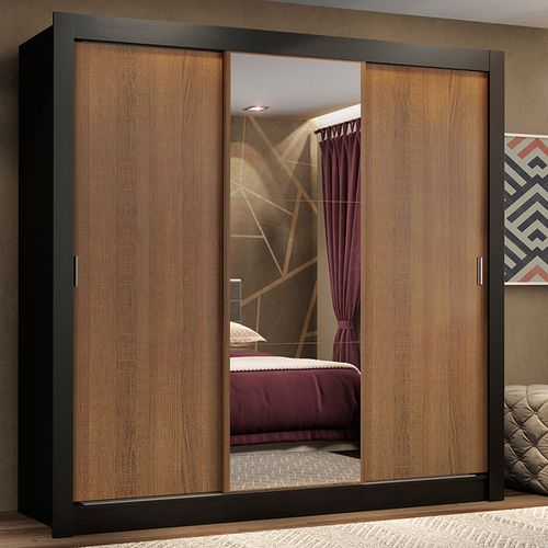 Guarda-Roupa Casal Madesa Lyon Plus 3 Portas de Correr com Espelho 4 Gavetas Preto/Rustic