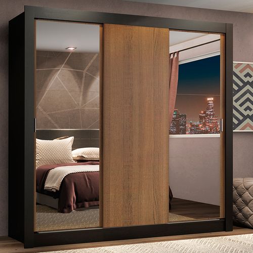 Guarda-Roupa Casal Madesa Lyon Plus 3 Portas de Correr com Espelhos 4 Gavetas Preto/Rustic