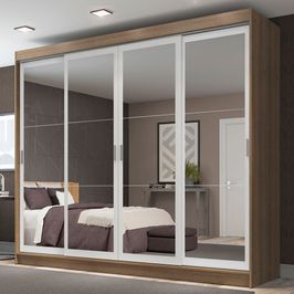 Guarda-Roupa Casal Madesa Austin 4 Portas de Correr de Espelho 3 Gavetas Rustic/Branco