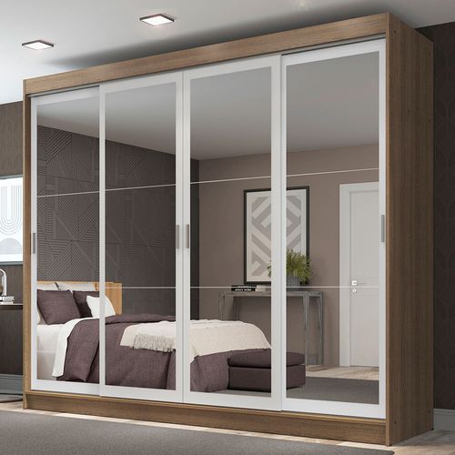 Guarda-Roupa Casal Madesa Austin 4 Portas de Correr de Espelho 3 Gavetas Rustic/Branco