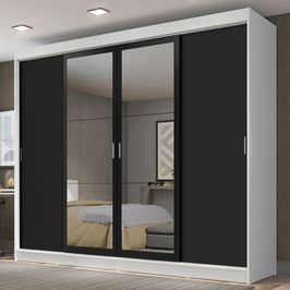 Guarda-Roupa Casal Madesa Austin 4 Portas de Correr com Espelhos 3 Gavetas Branco/Preto