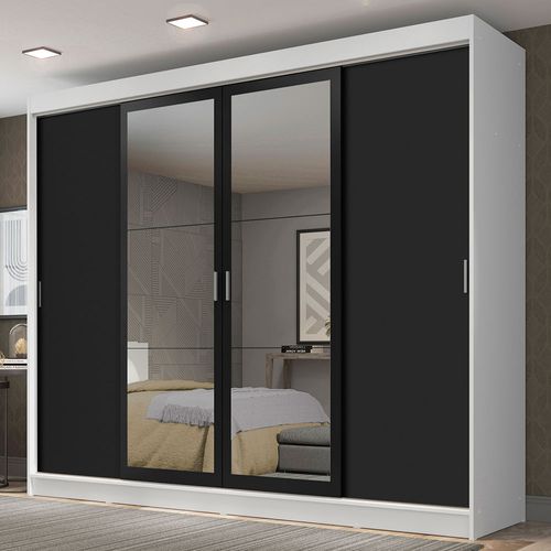 Guarda-Roupa Casal Madesa Austin 4 Portas de Correr com Espelhos 3 Gavetas Branco/Preto