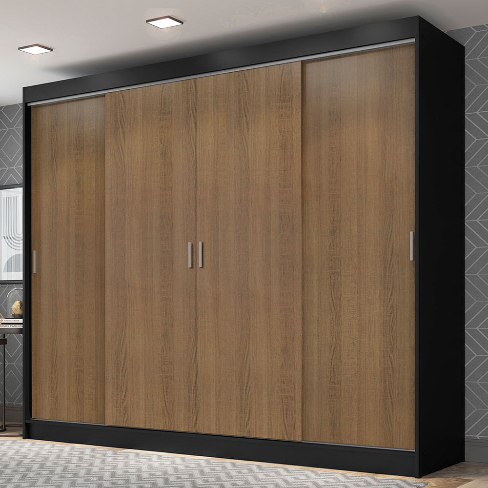Guarda-Roupa Casal Madesa Austin 4 Portas de Correr 3 Gavetas Preto/Rustic