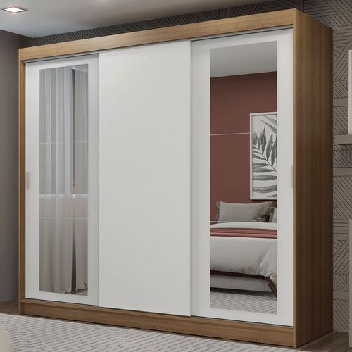 Guarda-Roupa Casal Madesa Kansas 3 Portas de Correr com Espelhos 3 Gavetas Rustic/Branco