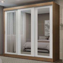 Guarda-Roupa Casal Madesa Kansas 3 Portas de Correr de Espelho 3 Gavetas Rustic/Branco