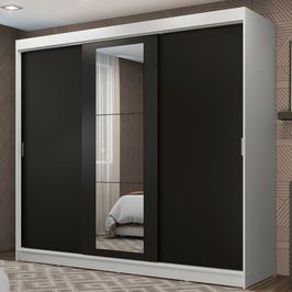 Guarda-Roupa Casal Madesa Kansas 3 Portas de Correr com Espelho 3 Gavetas Branco/Preto