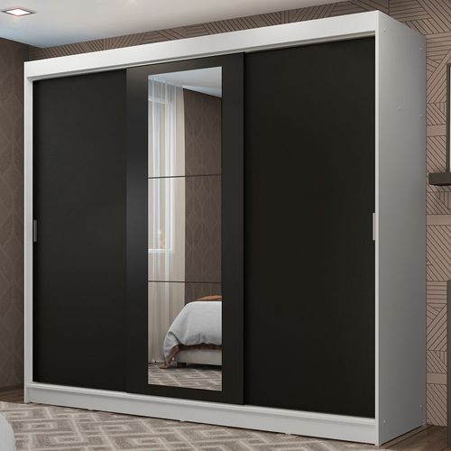 Guarda-Roupa Casal Madesa Kansas 3 Portas de Correr com Espelho 3 Gavetas Branco/Preto