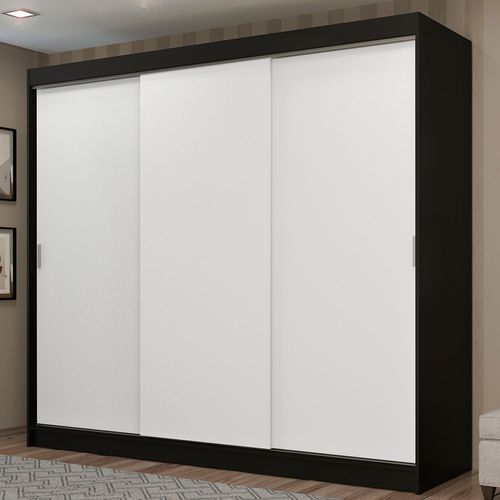 Guarda-Roupa Casal Madesa Kansas 3 Portas de Correr 3 Gavetas Preto/Branco