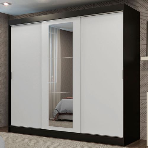 Guarda-Roupa Casal Madesa Kansas 3 Portas de Correr com Espelho 3 Gavetas Preto/Branco