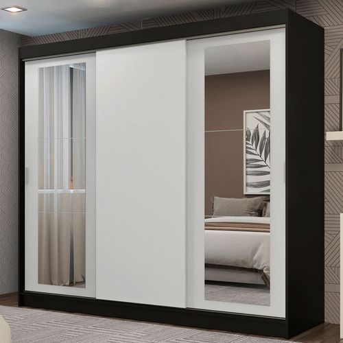 Guarda-Roupa Casal Madesa Kansas 3 Portas de Correr com Espelhos 3 Gavetas Preto/Branco