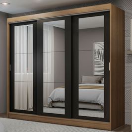 Guarda-Roupa Casal Madesa Kansas 3 Portas de Correr de Espelho 3 Gavetas Rustic/Preto