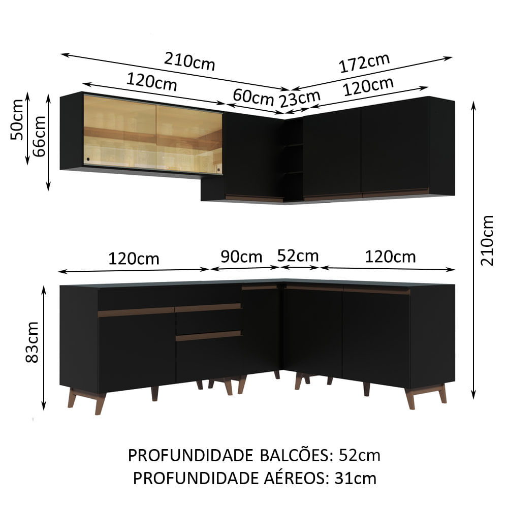 Armário de Cozinha Completa de Canto 382cm Preto Reims Madesa 01 ...