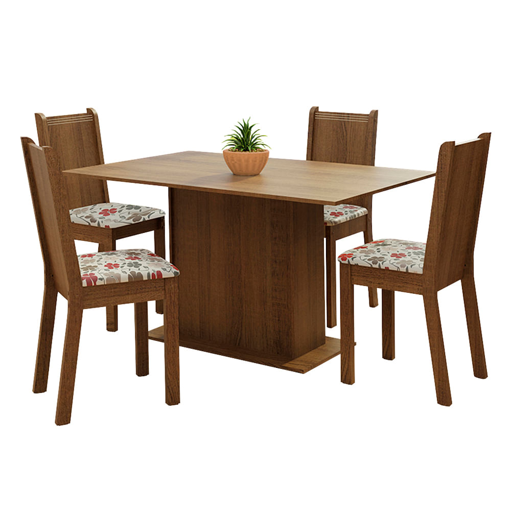 Conjunto Sala de Jantar Madesa Talita Mesa Tampo de Madeira com 4 Cadeiras  Rustic/Crema/Floral Hibiscos