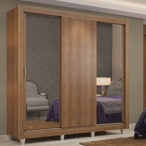 Guarda-Roupa Casal Madesa Lyon 3 Portas de Correr com Espelhos 2 Gavetas com Pés Rustic