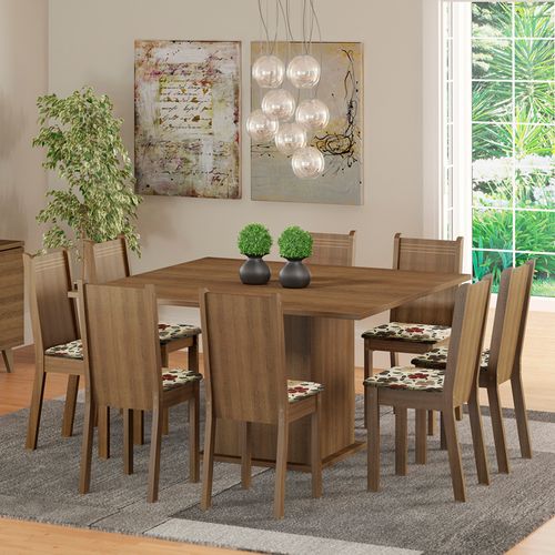 Conjunto Sala de Jantar Madesa Clarice Mesa Tampo de Madeira com 8 Cadeiras Rustic/Floral Hibiscos