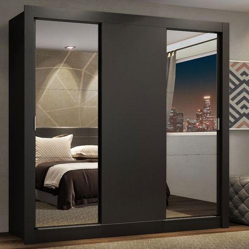 Guarda-Roupa Casal Madesa Lyon Plus 3 Portas de Correr com Espelhos 4 Gavetas Preto