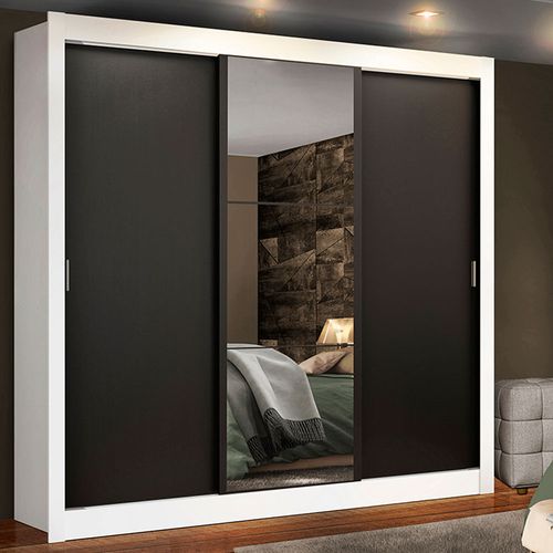 Guarda-Roupa Casal Madesa Lyon Plus 3 Portas de Correr com Espelho 4 Gavetas Branco/Preto