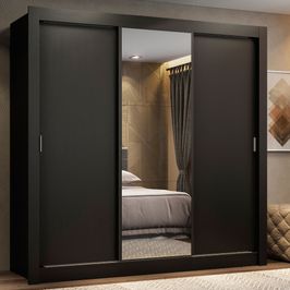 Guarda-Roupa Casal Madesa Lyon 3 Portas de Correr com Espelho 2 Gavetas Preto