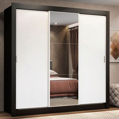 Guarda-Roupa Casal Madesa Lyon 3 Portas de Correr com Espelho 2 Gavetas Preto/Branco