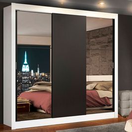 Guarda-Roupa Casal Madesa Lyon 3 Portas de Correr com Espelhos 2 Gavetas Branco/Preto
