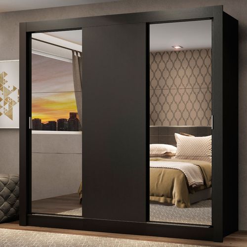 Guarda-Roupa Casal Madesa Mônaco 3 Portas de Correr com Espelhos Preto