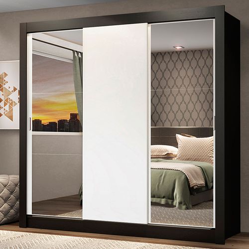 Guarda-Roupa Casal Madesa Mônaco 3 Portas de Correr com Espelhos Preto/Branco