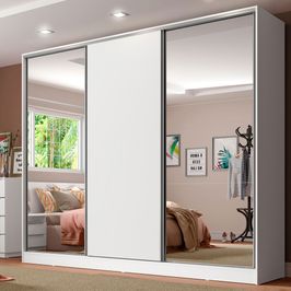 Guarda-Roupa Casal 100% MDF Madesa Royale 3 Portas de Correr com Espelhos Branco