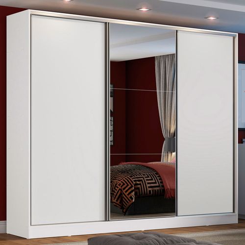 Guarda-Roupa Casal 100% MDF Madesa Zurique 3 Portas de Correr com Espelho Branco