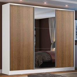 Guarda-Roupa Casal 100% MDF Madesa Zurique 3 Portas de Correr com Espelho Branco/Rustic