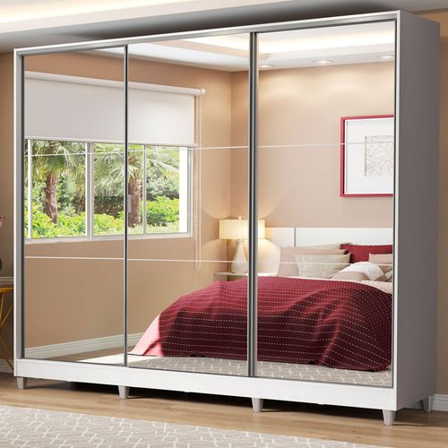 Guarda-Roupa Casal 100% MDF Madesa Royale 3 Portas de Correr de Espelho com Pés Branco