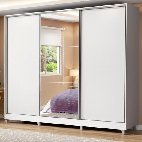 Guarda-Roupa Casal 100% MDF Madesa Royale 3 Portas de Correr com Espelho com Pés Branco