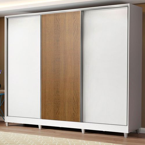Guarda-Roupa Casal 100% MDF Madesa Royale 3 Portas de Correr com Pés Branco/Branco/Rustic