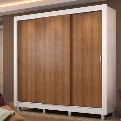 Guarda-Roupa Casal Madesa Lyon Plus 3 Portas de Correr 4 Gavetas com Pés Branco/Rustic