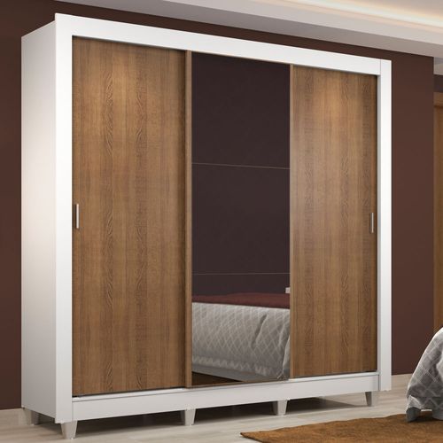 Guarda-Roupa Casal Madesa Lyon 3 Portas de Correr com Espelho 2 Gavetas com Pés Branco/Rustic