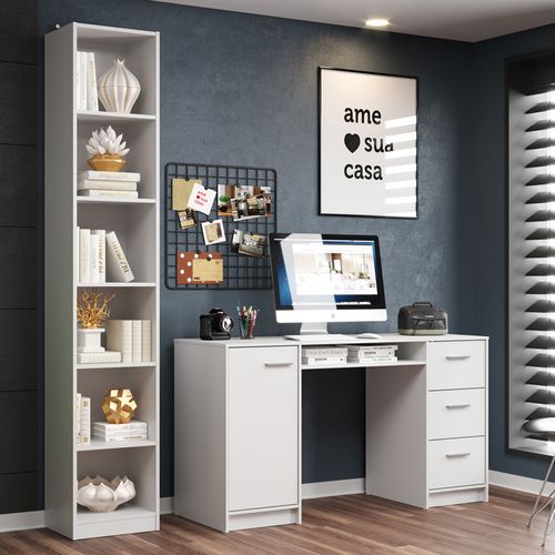 Escrivaninha Madesa Alaska + Estante Livreiro 6906 Branco