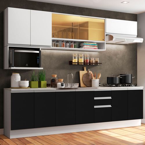 Armário de Cozinha Completa 280cm Branco/Preto/Branco Genova Madesa 04