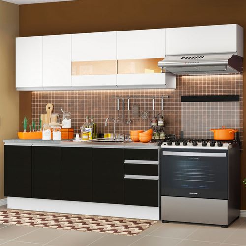 Armário de Cozinha Completa 280cm Branco/Preto/Branco Marcela Madesa 03