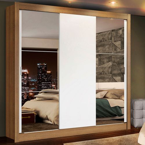 Guarda-Roupa Casal Madesa Lyon Plus 3 Portas de Correr com Espelhos 4 Gavetas Rustic/Branco
