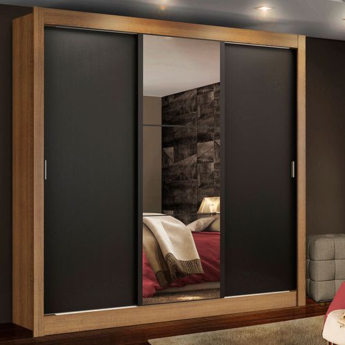 Guarda-Roupa Casal Madesa Lyon Plus 3 Portas de Correr com Espelho 4 Gavetas Rustic/Preto