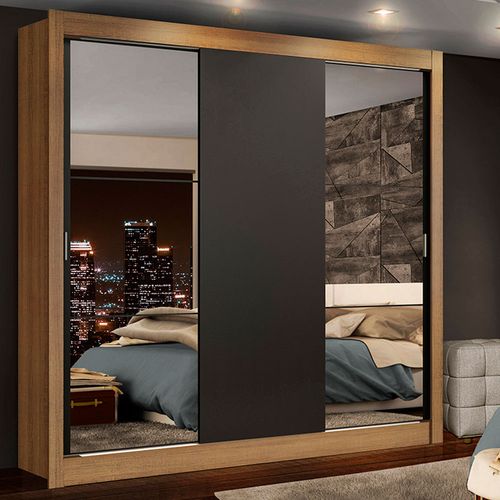Guarda-Roupa Casal Madesa Lyon Plus 3 Portas de Correr com Espelhos 4 Gavetas Rustic/Preto