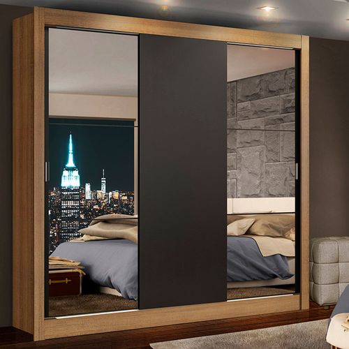 Guarda-Roupa Casal Madesa Lyon 3 Portas de Correr com Espelhos 2 Gavetas Rustic/Preto