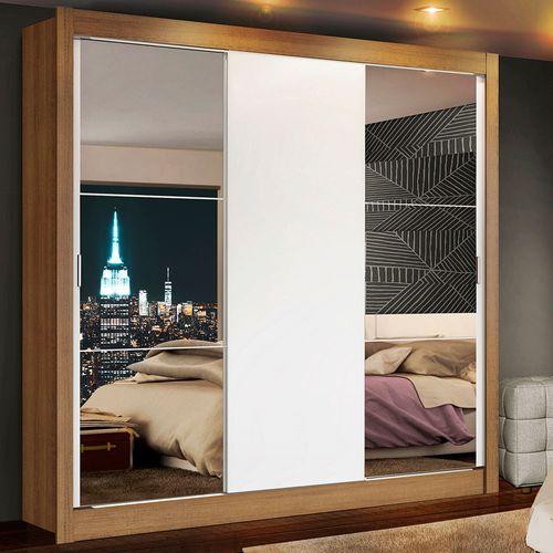Guarda-Roupa Casal Madesa Lyon 3 Portas de Correr com Espelhos 2 Gavetas Rustic/Branco