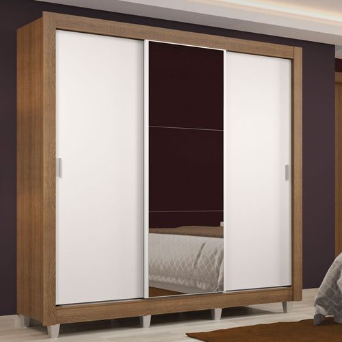 Guarda-Roupa Casal Madesa Lyon 3 Portas de Correr com Espelho 2 Gavetas com Pés Rustic/Branco
